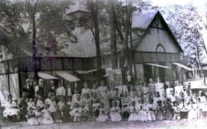 Campers in front of the pavilion at the Acton Campground.