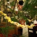 This live tabletop tree was decorated with vintage items, antique blown-glass ornaments, and handmade popcorn chains.